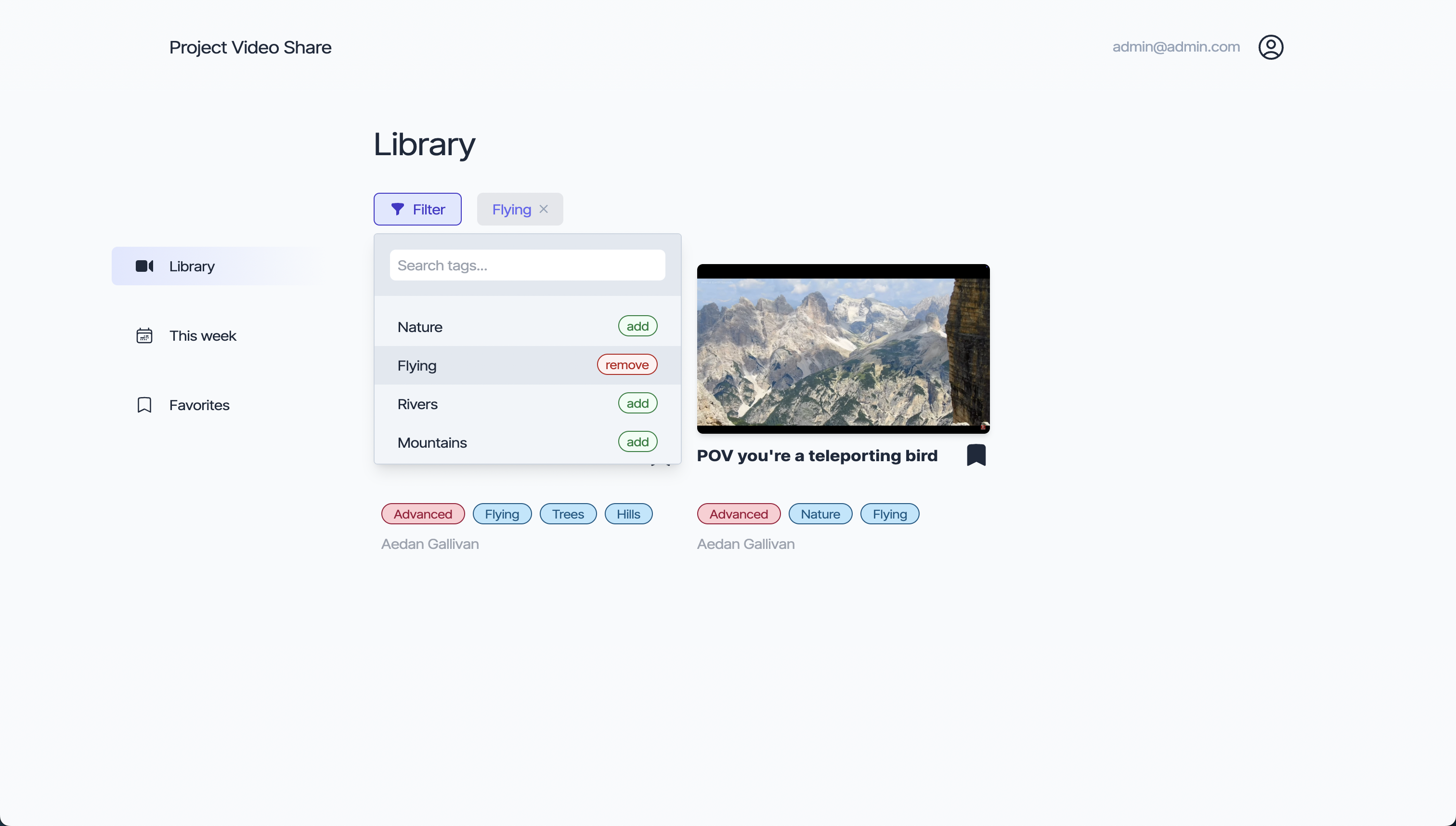 A screenshot of a the Library page of the Video Sharing app. A filter dropdown is shown