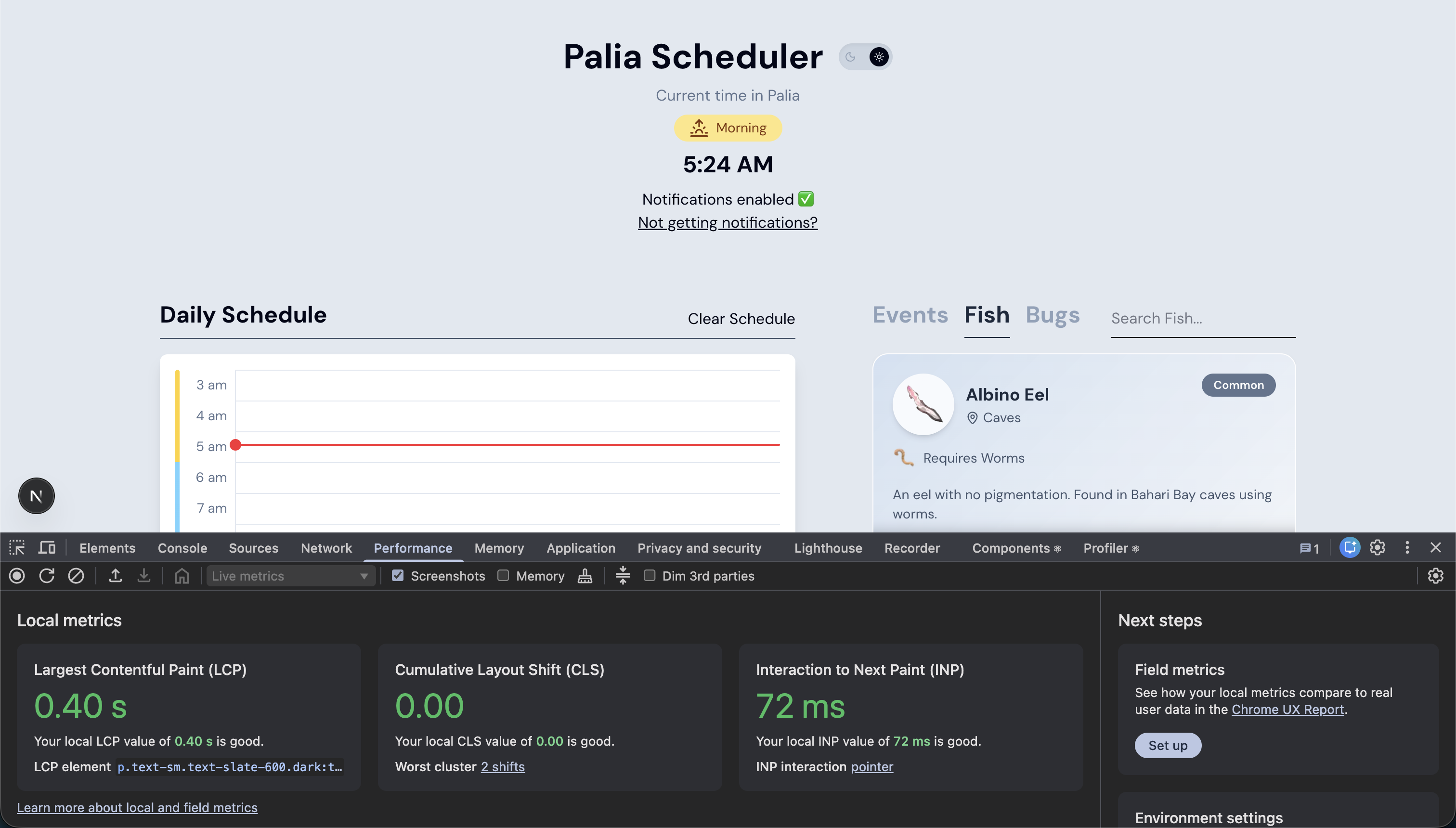 A screenshot of the google chrome developer tools performance tab showing an INP of 72ms