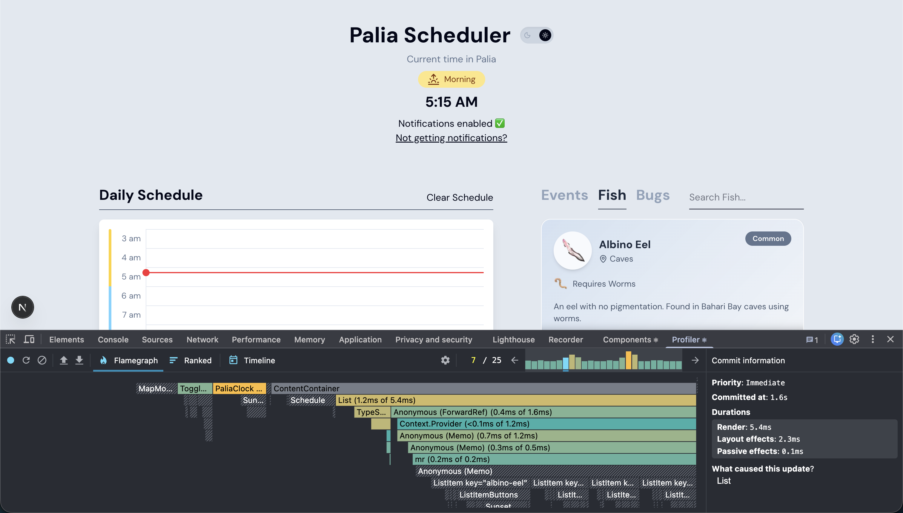 A screenshot of the google chrome developer tools react profiler tab showing the List component rendering after 5.4ms