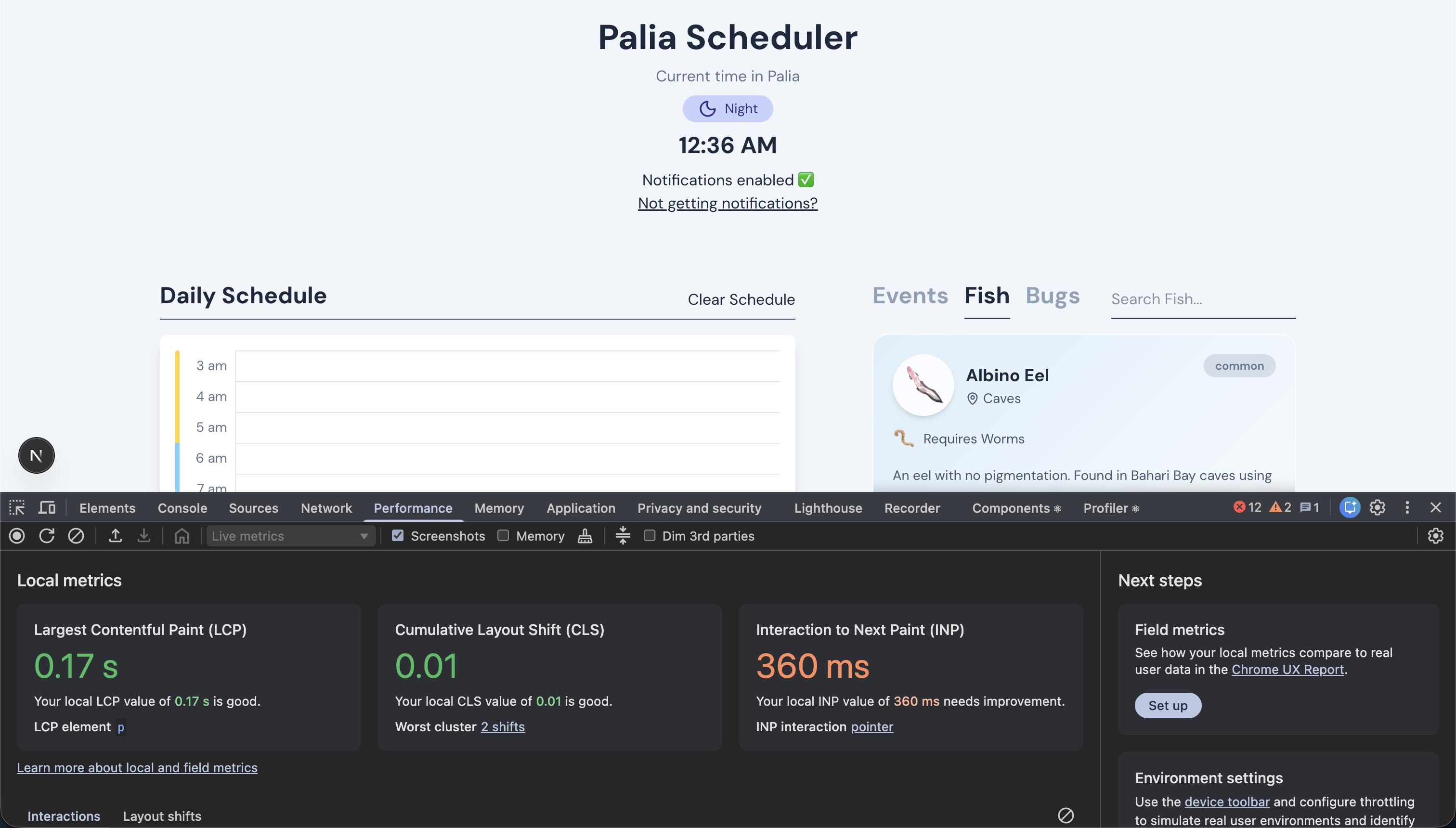 A screenshot of the google chrome developer tools performance tab showing an INP of 360ms
