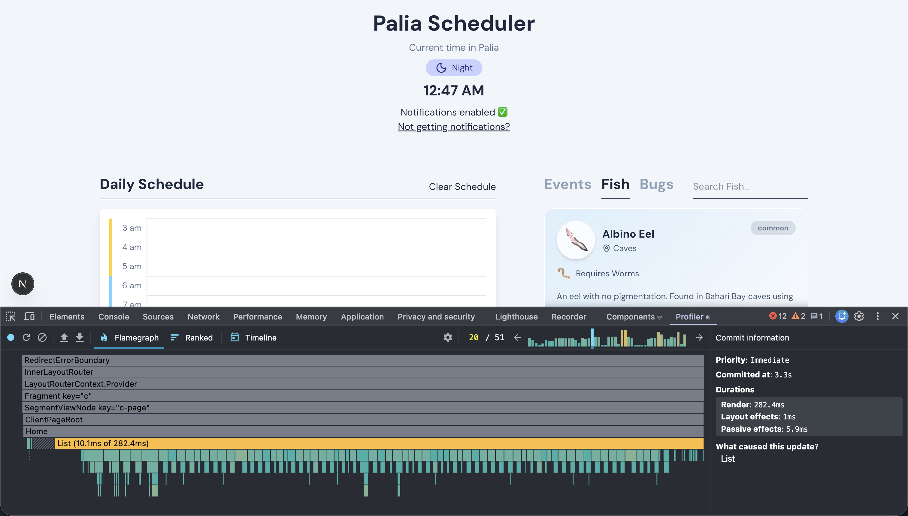 A screenshot of the google chrome developer tools react profiler tab showing the List component rendering after 282ms