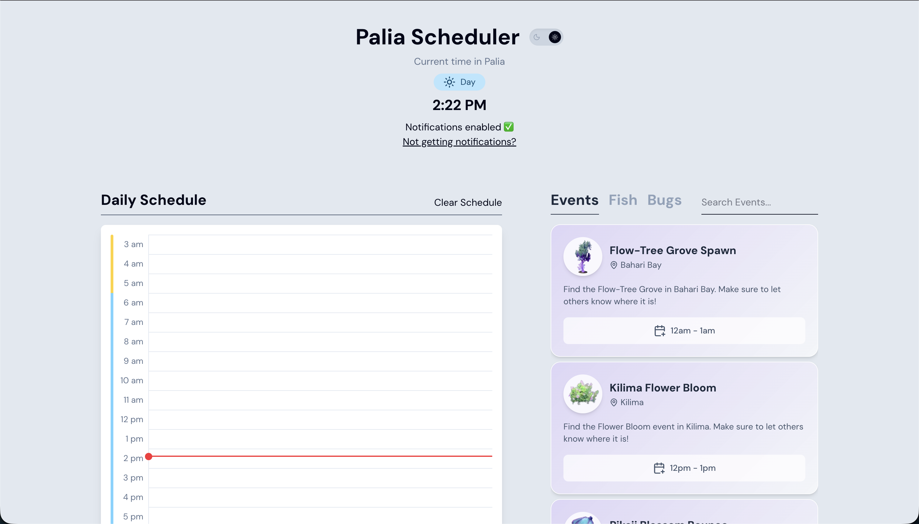 A screenshot of the palia scheduler app