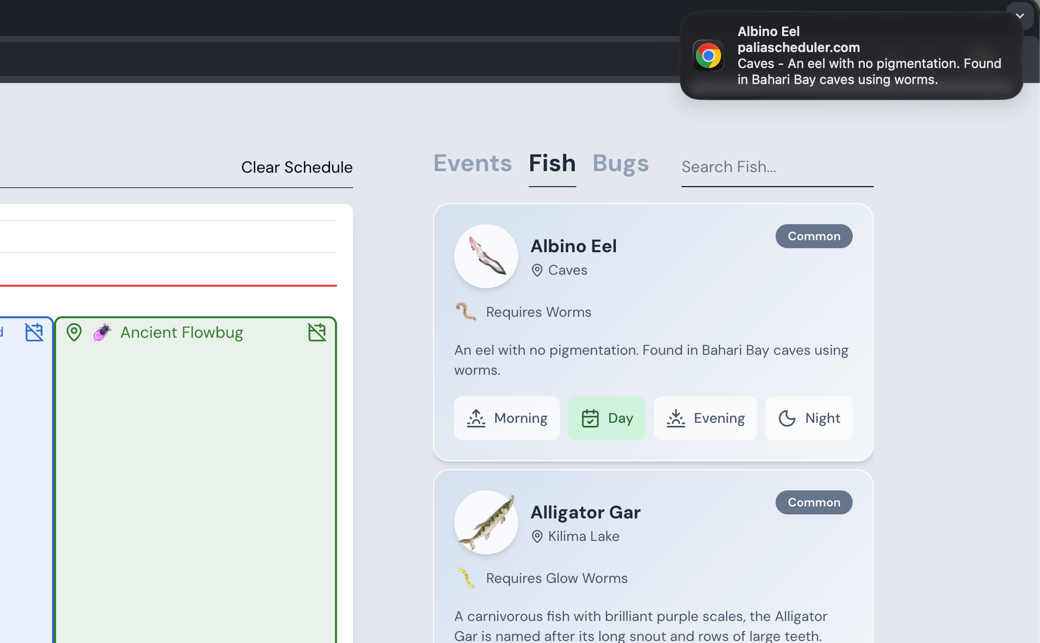 A screenshot of the palia scheduler interface with a google chrome notification in the top right.